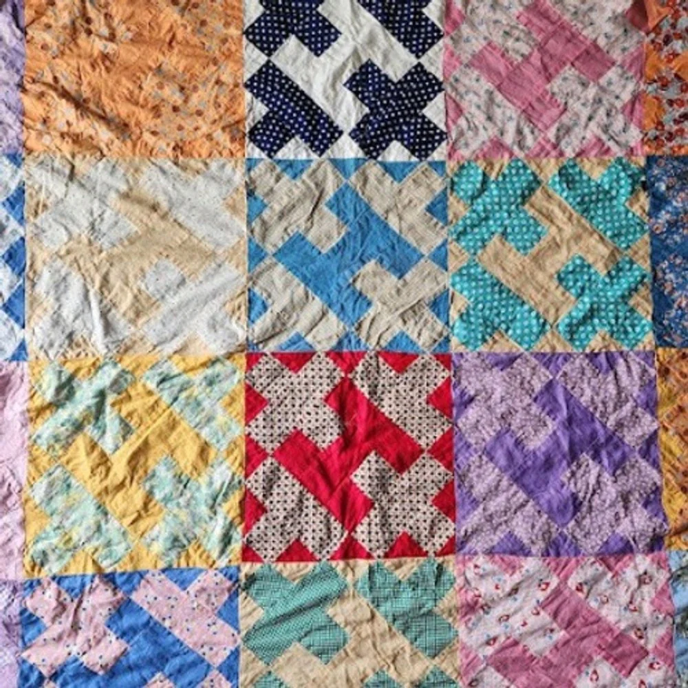 1940s Patchwork Quilt Top Only Feedsack Calico Cross Crown 55x70